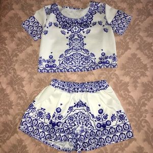 Blue and white patterned two piece